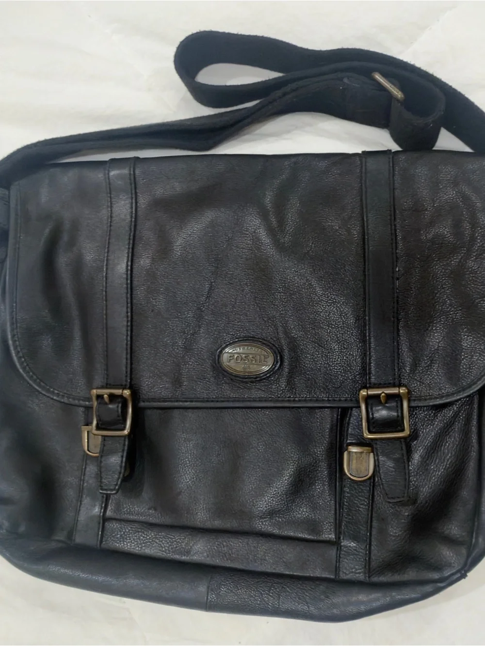 Fossil Black Leather Messenger Crossbody Bag with Brass Hardware